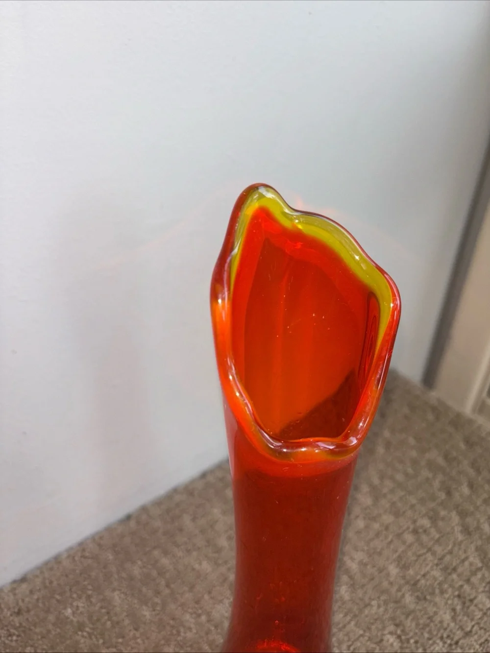 Vintage Viking glass orange Bud Vase with Yellow scalloped Rim